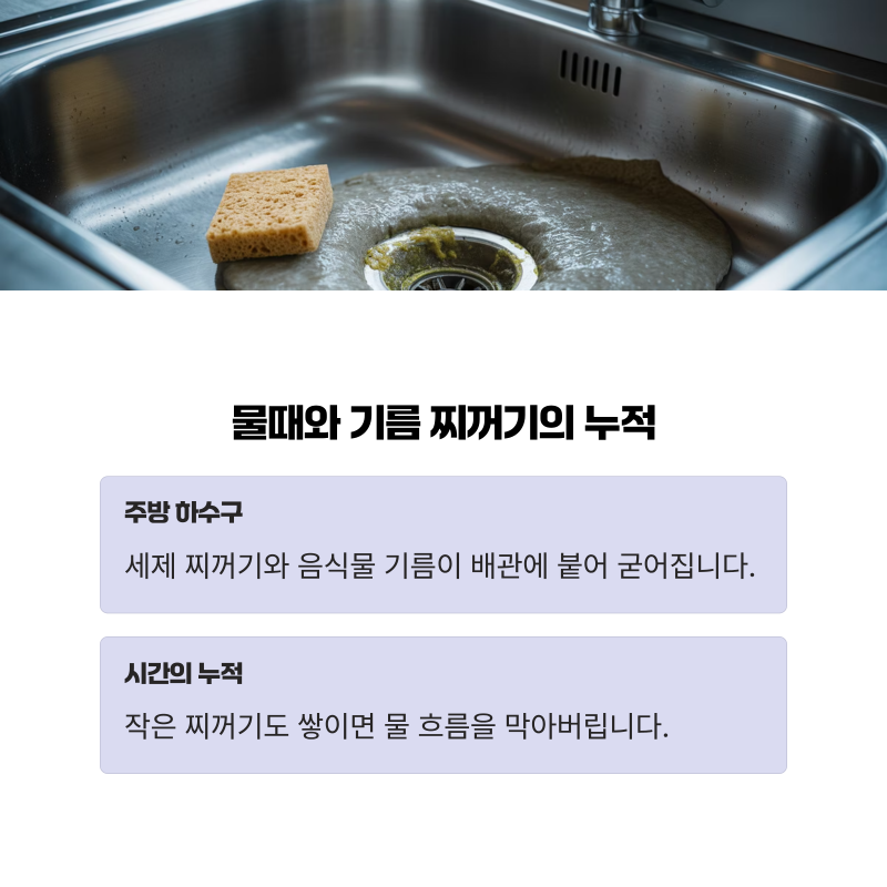 하수구막힘-물때와 기름 찌꺼기의 누적